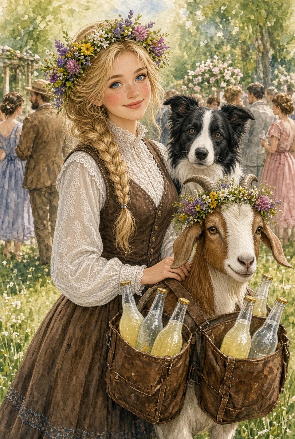 Dolly with Bramble the flower-crowned goat carrying lemonade in leather panniers, Charlotte behind them