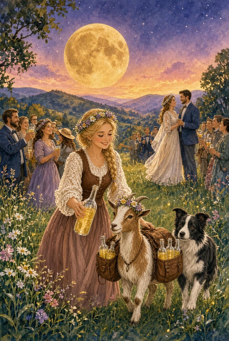 Moonrise over Arkatype Farms as Dolly, Bramble, and Charlotte serve the wedding