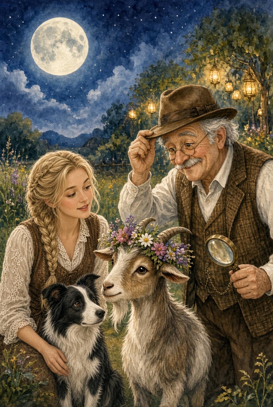 Mr. Jake the older detective tips his hat to Dolly, Bramble, and Charlotte