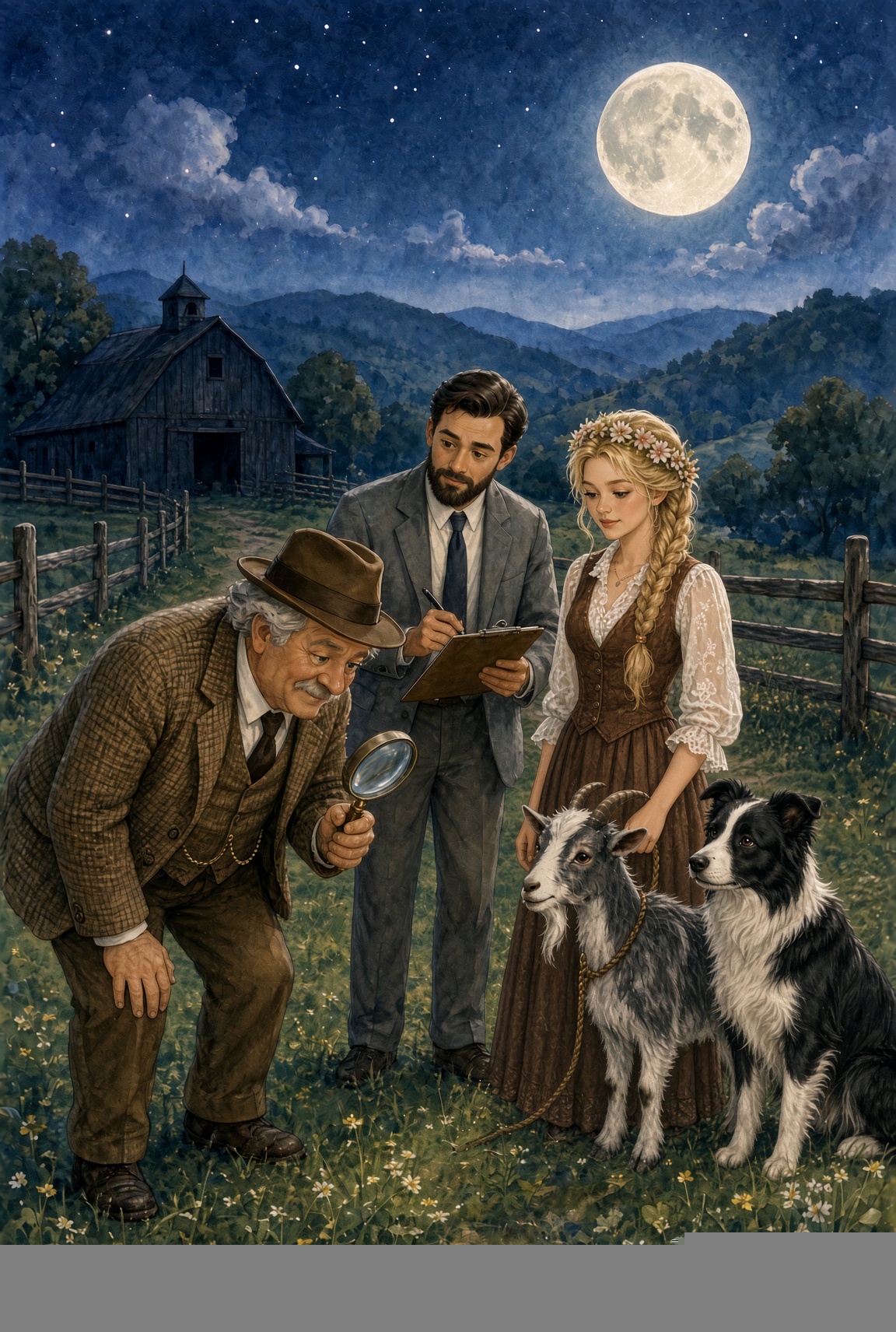 Mr. Elwood and Mr. Jake inspect the farm by moonlight with Dolly, Bramble, and Charlotte