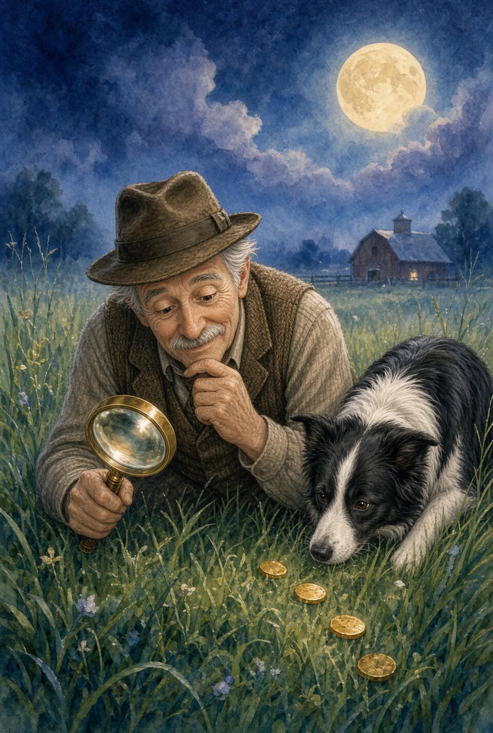 Mr. Jake crawls through tall grass with a magnifying glass while Charlotte sniffs beside him
