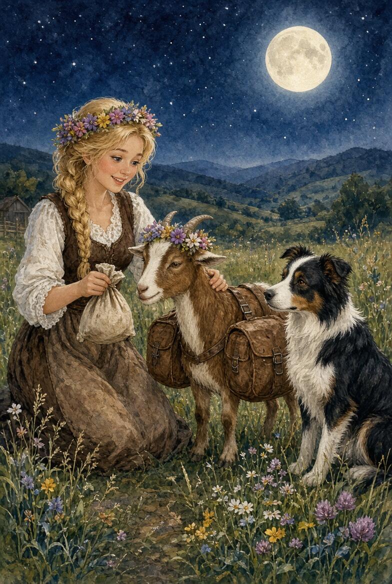 Dolly kneels beside Bramble and lifts the tip bag from the pannier buckle as Charlotte watches