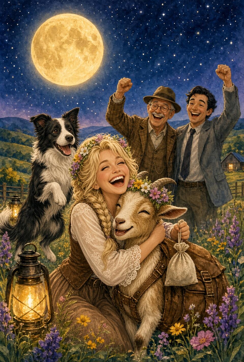Dolly hugs Bramble as Charlotte leaps and Mr. Elwood and Mr. Jake cheer under the moon