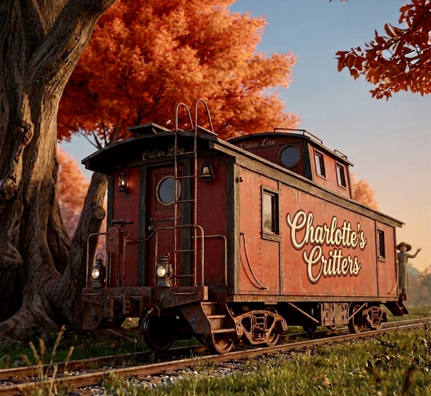 The rust-red Critter Caboose under autumn Ozarks trees, lettered Charlotte’s Critters