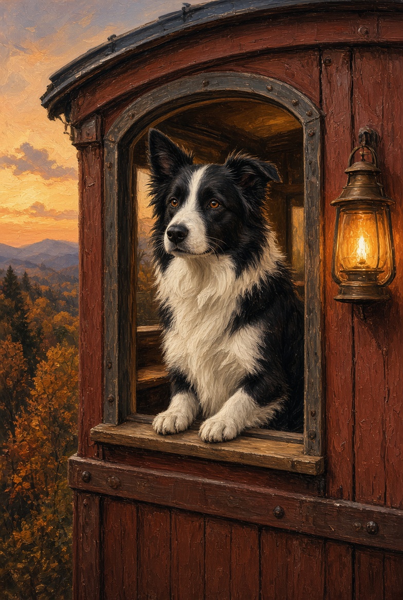 Charlotte the border collie in the caboose cupola