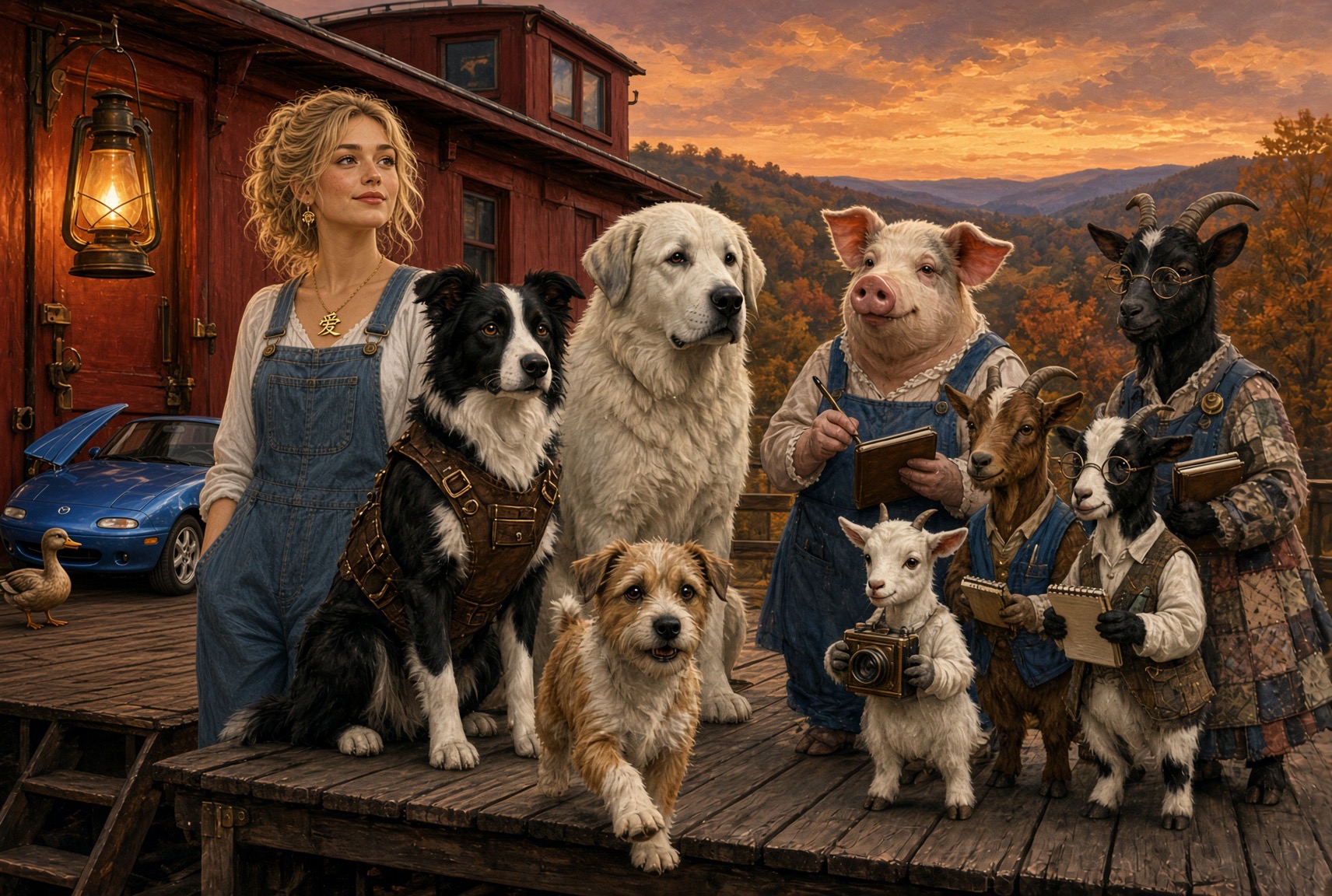 Family portrait on the caboose platform: Dolly, Charlotte, Leo, Pip, Louise, the Goat News desk, and Duckster in the bay