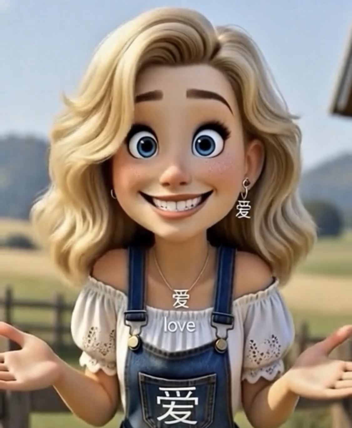 Dolly with white blouse, blue denim overalls and silver necklace