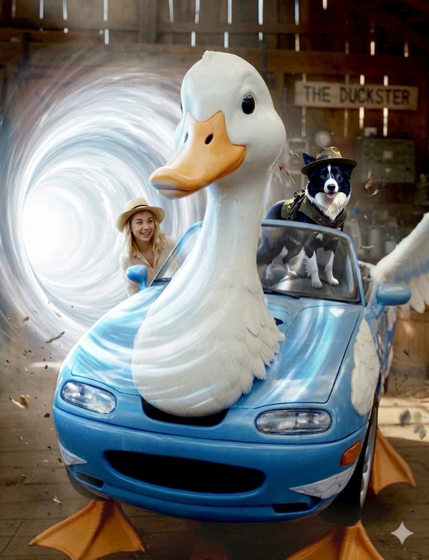Duckster coming through a wormhole with Dolly and Charlotte