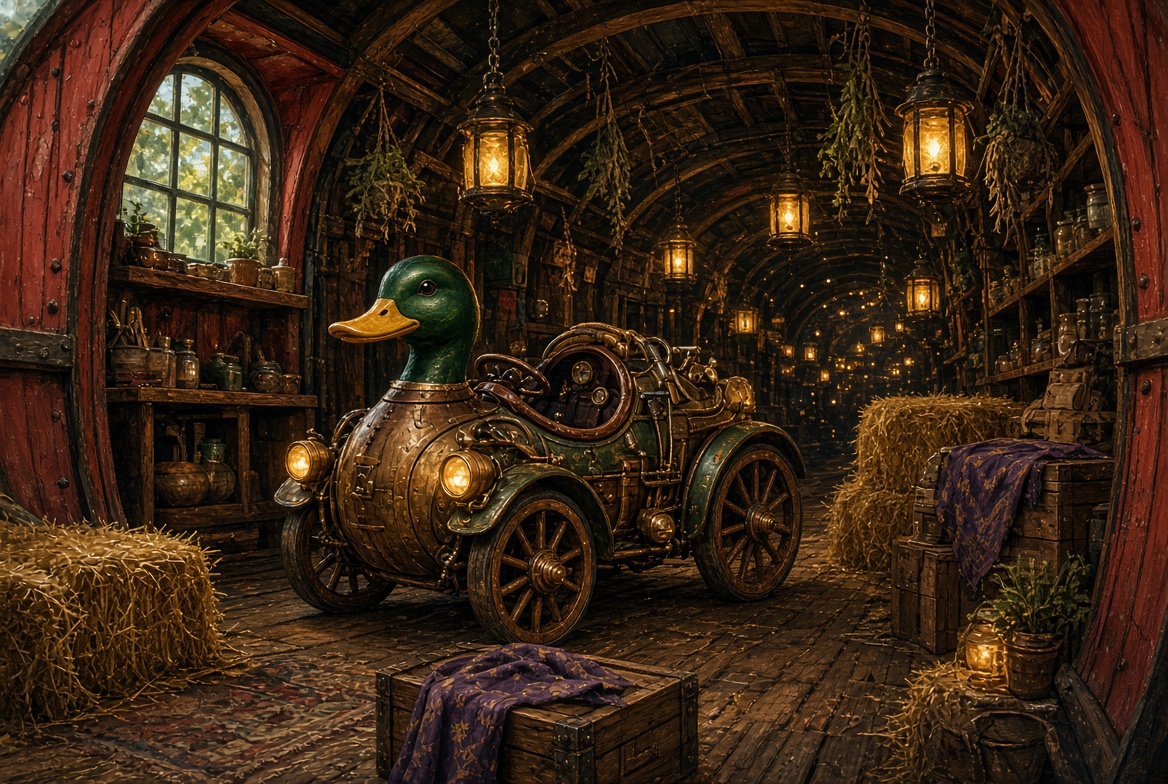 Duckster parked in the endless caboose interior