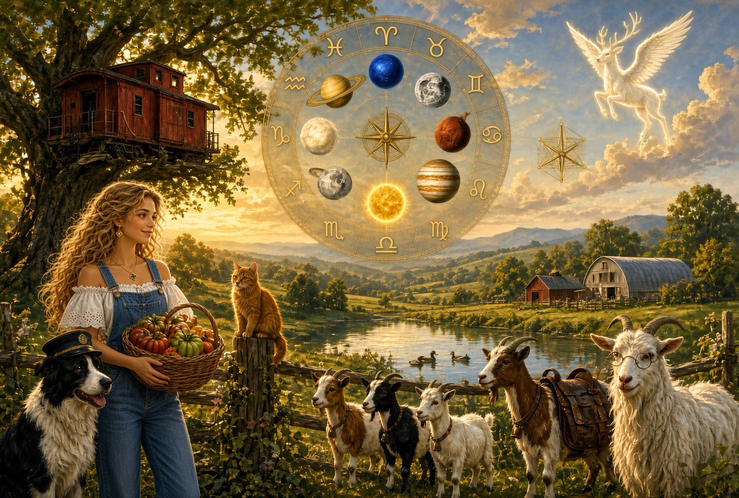 Dolly with a basket of apples on the Arkatype Farms lane, Charlotte beside her, an orange cat on the fence, goats in the pasture, and a golden birth chart floating over the hills