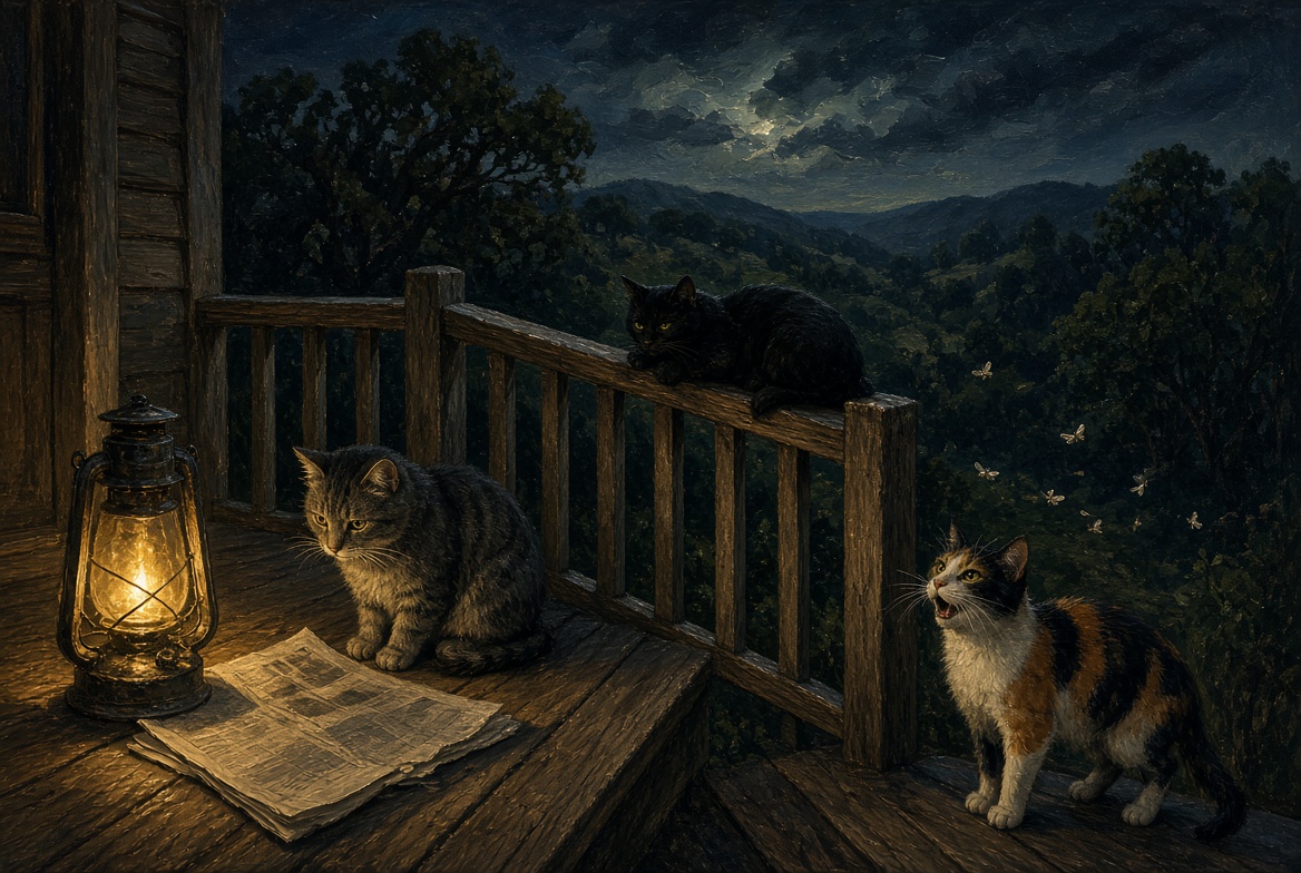 The three library cats on the farm porch at night: one reading the paper, one on the rail, one speaking to the moths