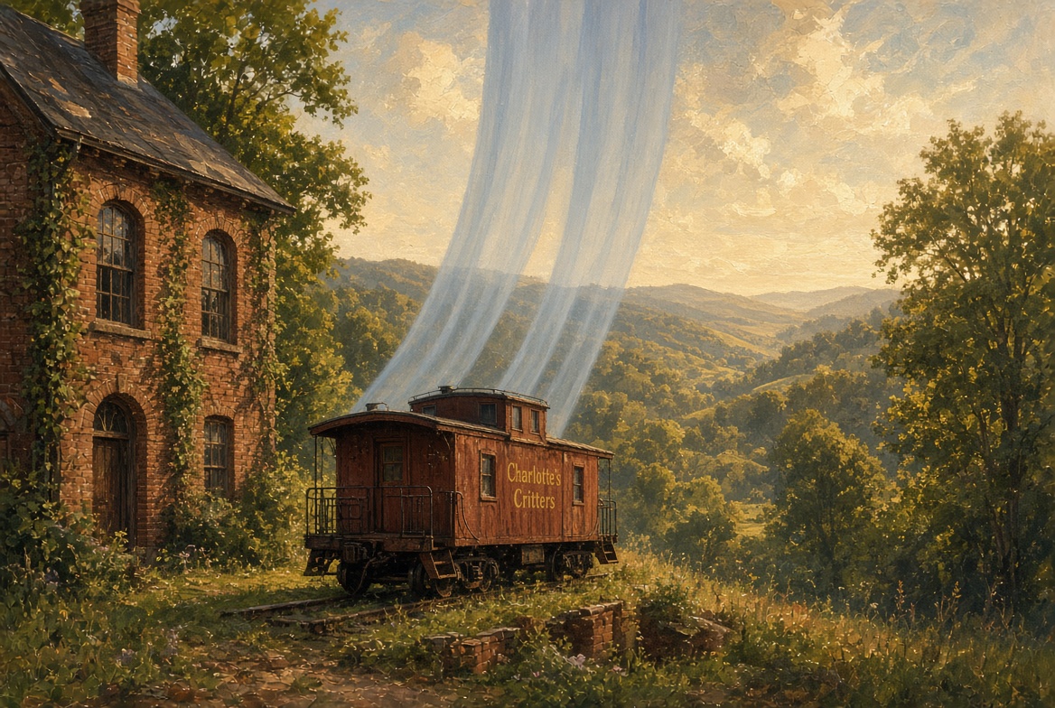 The rust-red caboose on a short spur beside a brick library, a blue fold of air rising behind the cupola