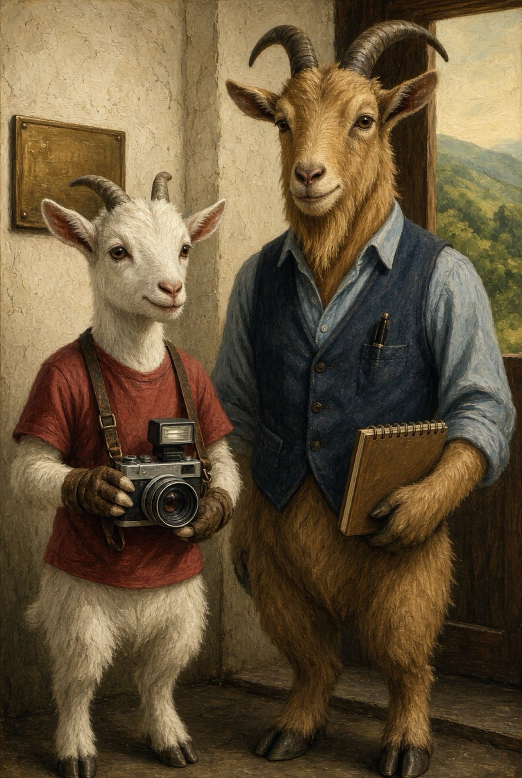 Scoop with her camera and Inkhorn with his notebook in the Goat News doorway